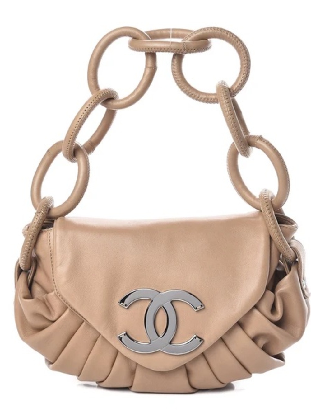 CHANEL Tan Leather Chain-Link Shoulder Bag with Silver CC